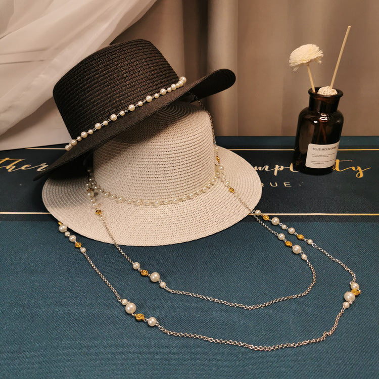 Retro Pearl Chain Flat Straw Elegant Top Hat