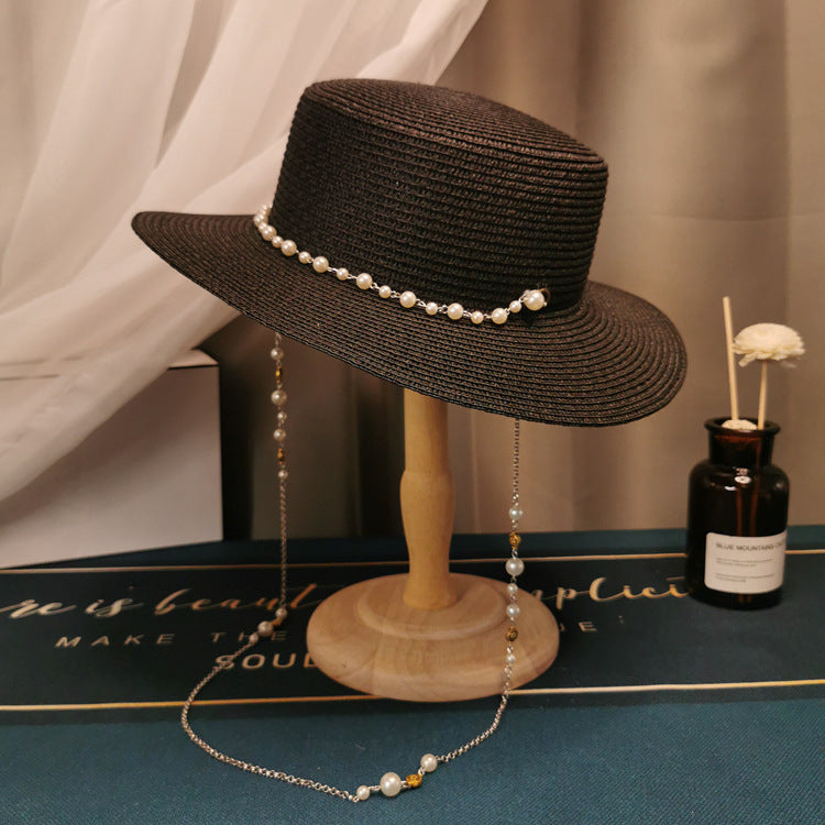 Retro Pearl Chain Flat Straw Elegant Top Hat