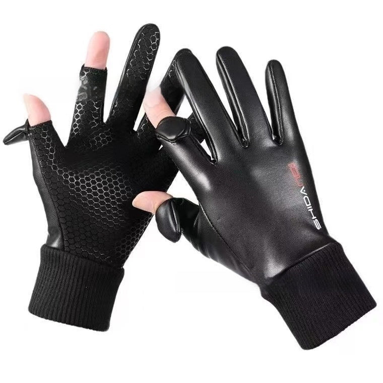 Men's Velvet Warm Touch Screen Waterproof And Non Slip Leather Gloves