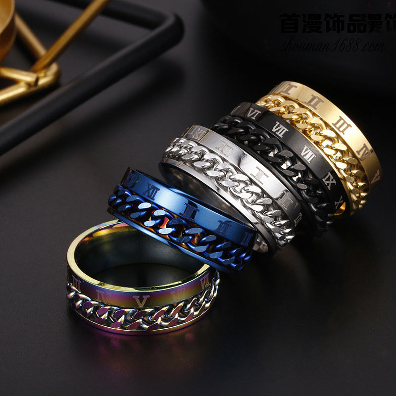 Men Roman Letter Chain Titanium Steel Ring