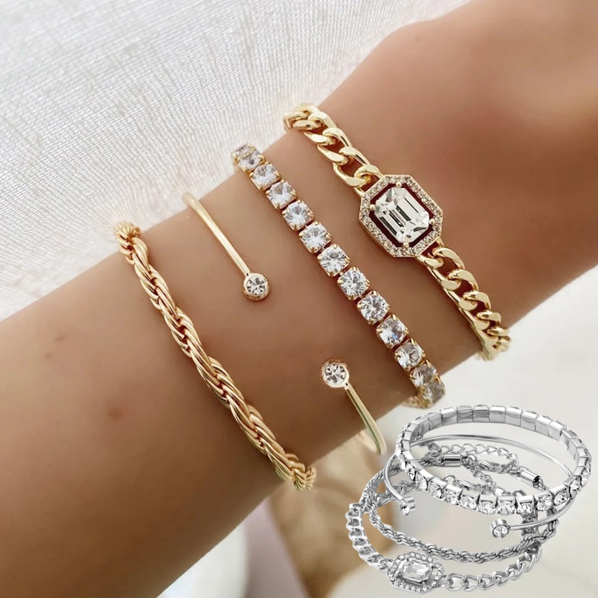 Women Fashion 4 Pcs Crystal Bracelet Set