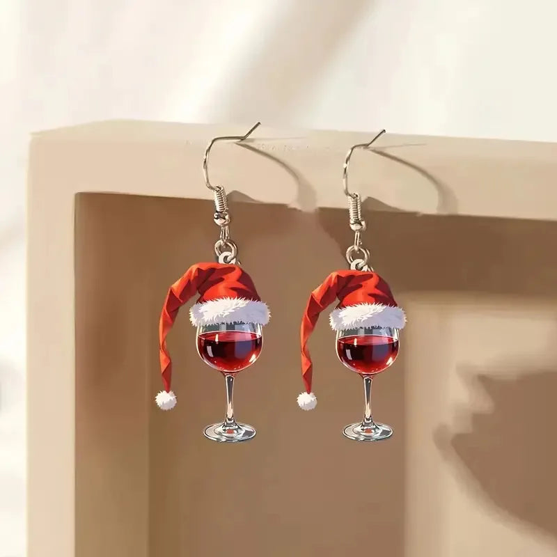 Wine Cup Christmas Hat Acrylic Pendant Earrings