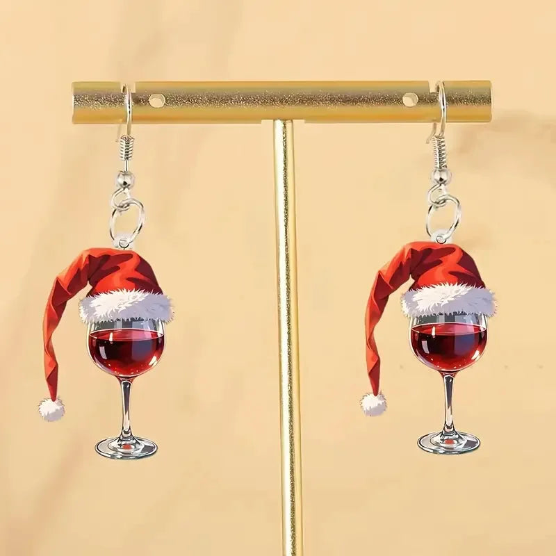 Wine Cup Christmas Hat Acrylic Pendant Earrings