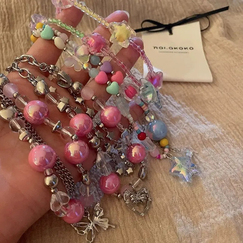 Colorful Star Pendant Heart Flowers Beaded Necklace for Women