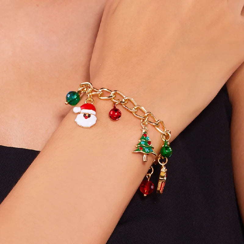 Santa Claus Star Christmas Tree Snowman Enamel Tassel Bracelet For Women