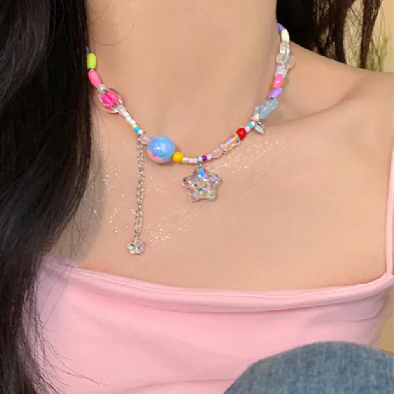 Colorful Star Pendant Heart Flowers Beaded Necklace for Women