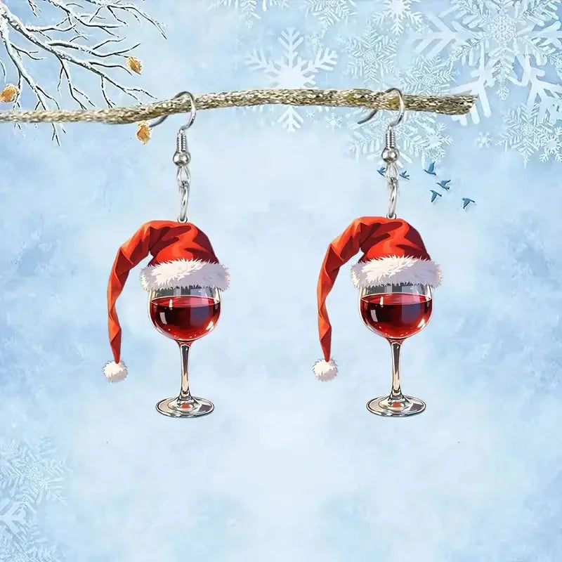 Wine Cup Christmas Hat Acrylic Pendant Earrings