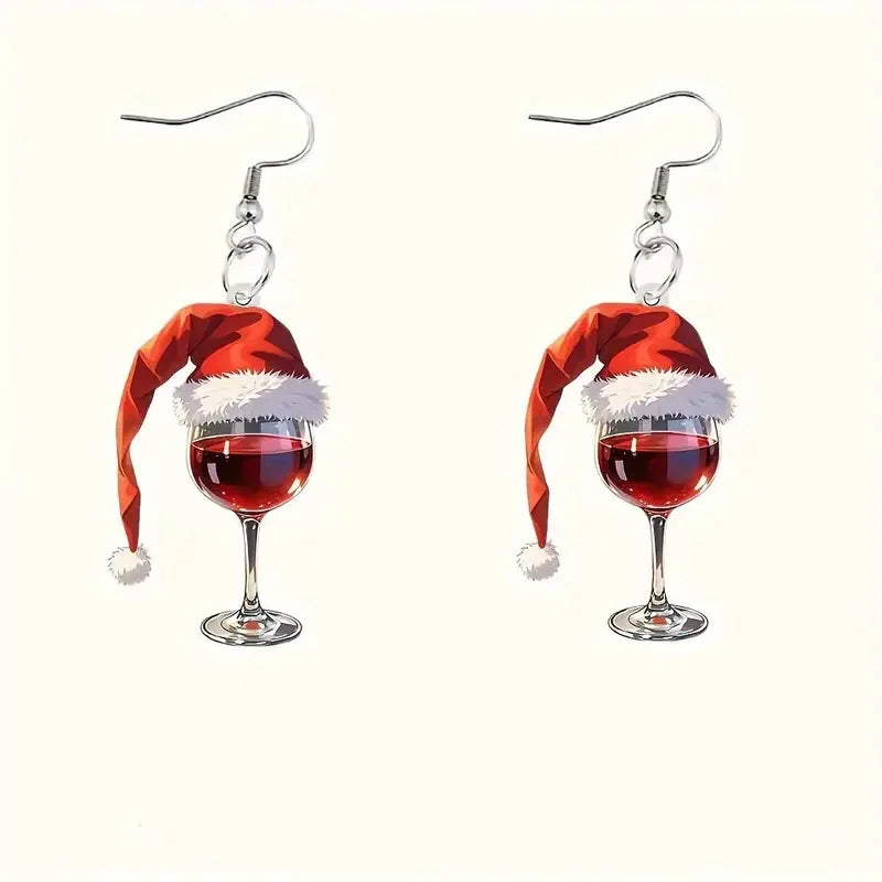 Wine Cup Christmas Hat Acrylic Pendant Earrings