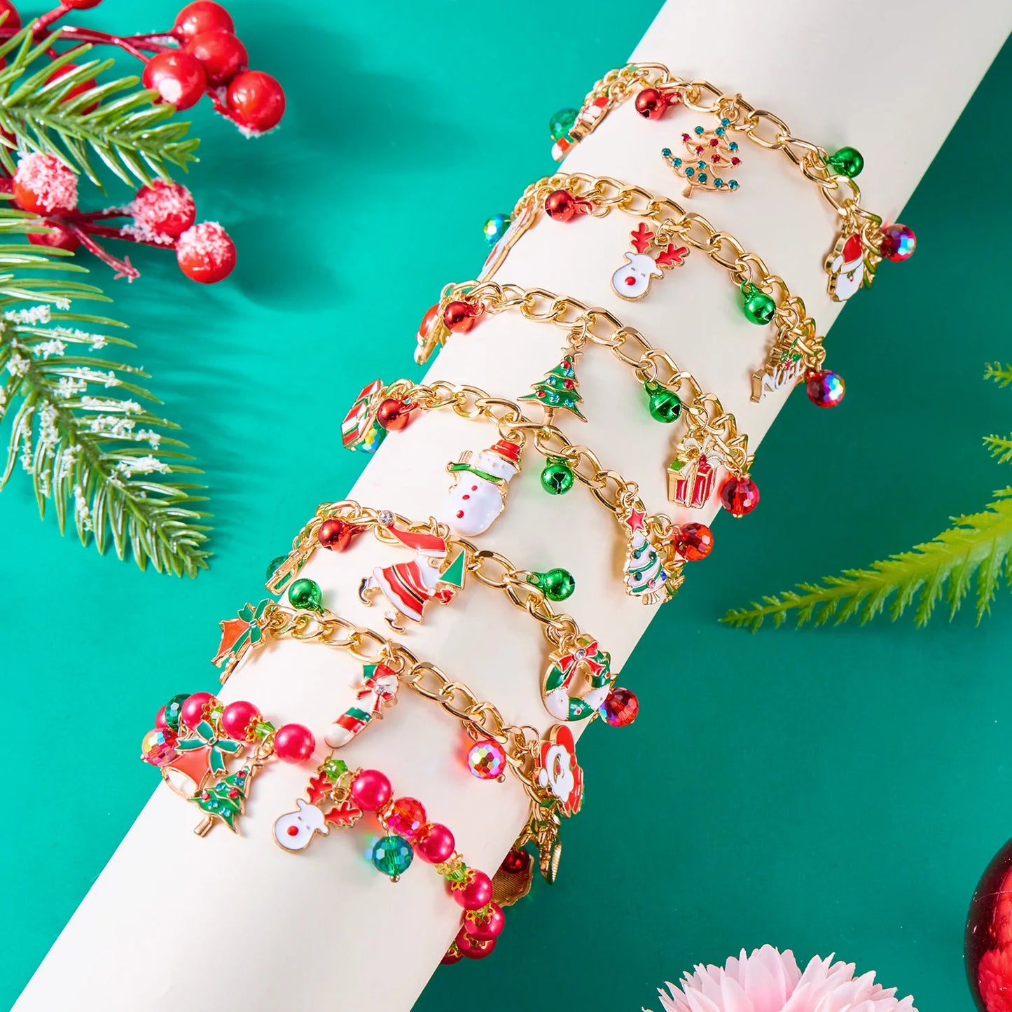 Santa Claus Star Christmas Tree Snowman Enamel Tassel Bracelet For Women
