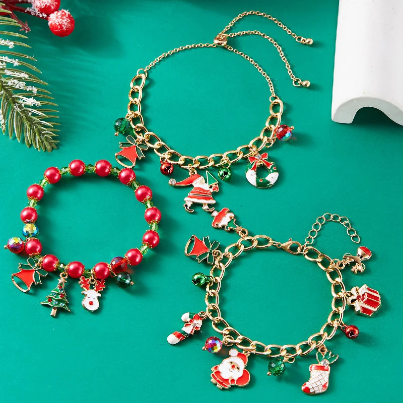 Santa Claus Star Christmas Tree Snowman Enamel Tassel Bracelet For Women