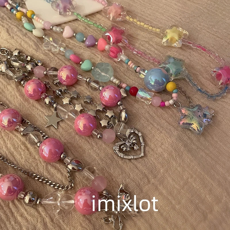 Colorful Star Pendant Heart Flowers Beaded Necklace for Women