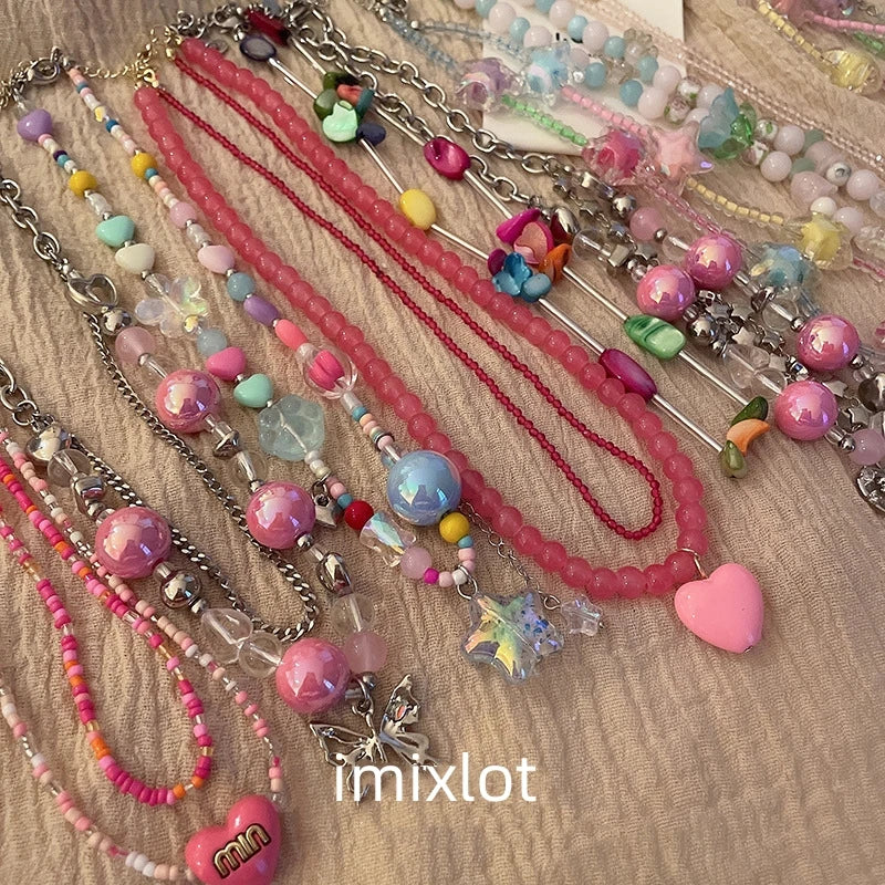 Colorful Star Pendant Heart Flowers Beaded Necklace for Women