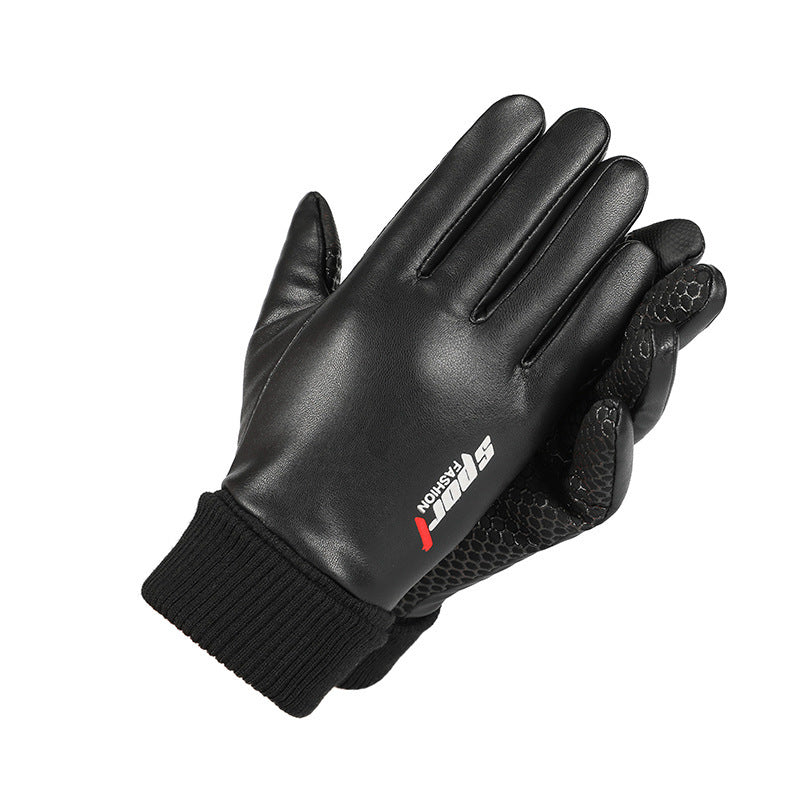 Men's Velvet Warm Touch Screen Waterproof And Non Slip Leather Gloves