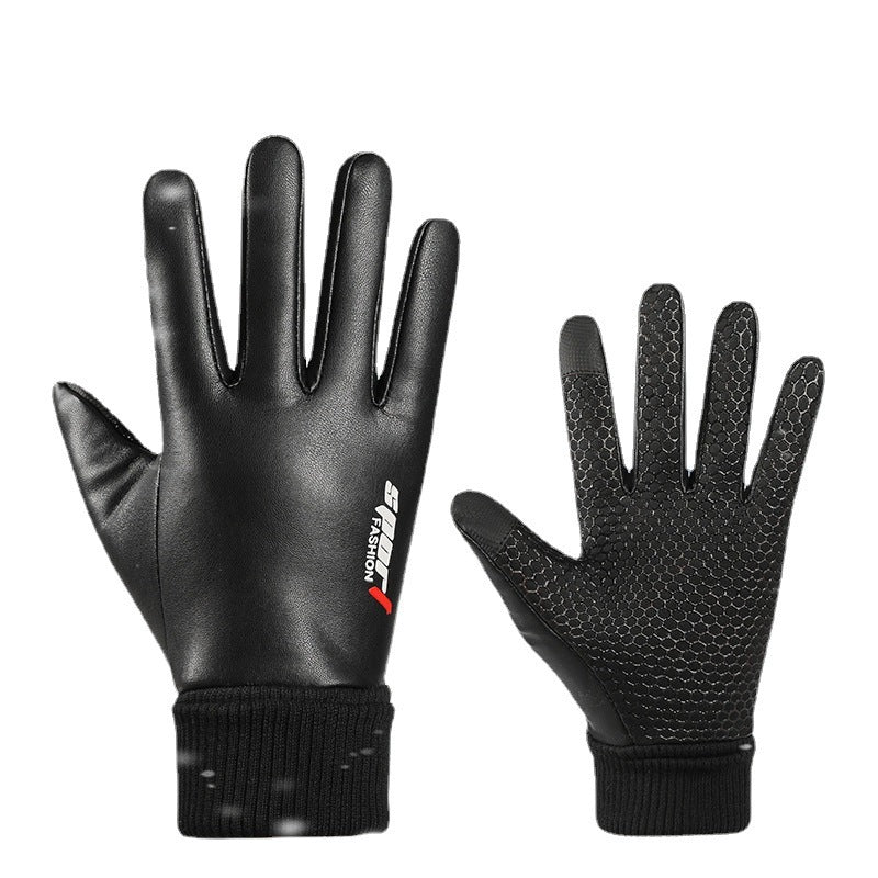 Men's Velvet Warm Touch Screen Waterproof And Non Slip Leather Gloves
